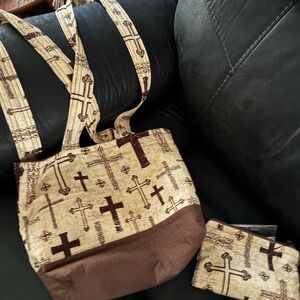 Handmade Cross-Print Quilt Tote with Matching Pouch - Brown & Cream
